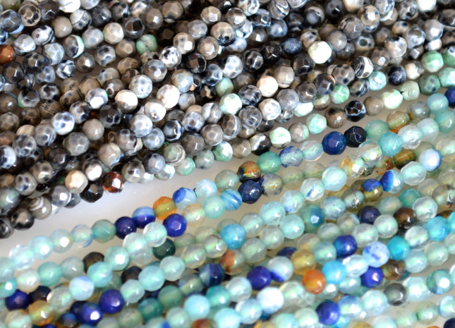 3mm Faceted Round Agate Semi Precious Stone Beads Black & Blue Green Color Genuine Gemstones #2117