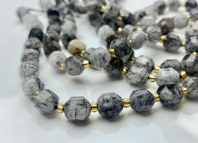 7x8mm AAA Half Strand Faceted Energy Prism Cut Black Rutilated Rutile Quartz Gemstone Genuine Double Terminated Points Black Quartz #3658
