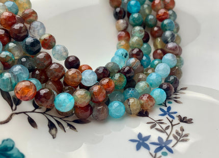 6mm 8mm Faceted Round Mixed Aqua Blue And Brown Color Fire Agate Beads Genuine Agate Gemstone Loose Beads 15 Inches Strand #3501