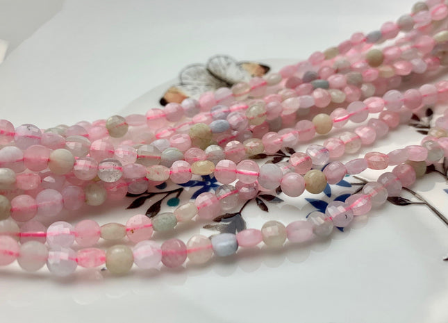 4-5mm Micro Faceted Diamond Cut Pink Color Morganite Flat Coin Disc Shape Genuine Morganite Gemstone Beads 15.5 Inches Strand #3081