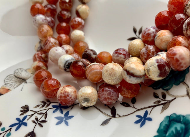 10mm 12mm 14mm 16mm Faceted Round Fire Agate Gemstone Beads Heat Treated Mixed Orange Pink And Cream Color Agate 15.5 Inches #2658