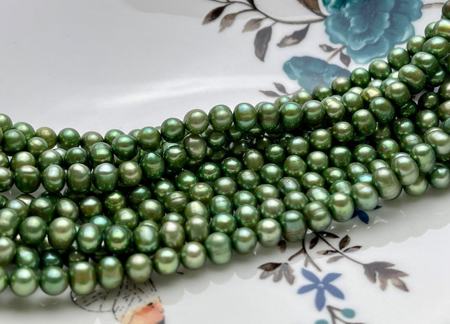 5-6 mm Light Forest Green Color Potato Freshwater Pearl Beads Genuine Cultured Freshwater Pearl Beads Green Potato Pearl Beads #P2099