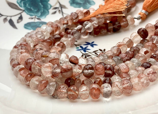8mm 9mm AAA Faceted Rondelle Copper Rutile Quartz Gemstone Beads Genuine Gemmy Natural Pink Copper Rutile Quartz 8 Inches Strand #3722