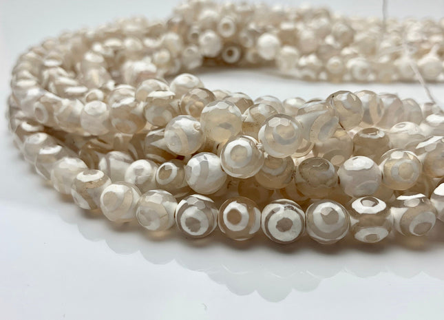 8 mm 10 mm AAA DZI Tibetan Agate Faceted Round Cream White Color Tibetan Agate Gemstone Loose Beads #2567