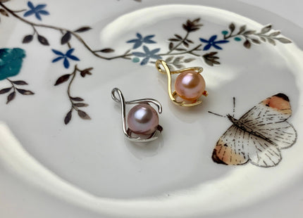 8.5 mm AAA Natural Mauve/Peach Pink Round Freshwater Pearl Pendant W/925 Sterling Silver/Gold Cage Design Genuine Pearl Jewelry #10003