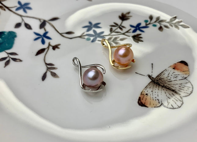 8.5 mm AAA Natural Mauve/Peach Pink Round Freshwater Pearl Pendant W/925 Sterling Silver/Gold Cage Design Genuine Pearl Jewelry #10003