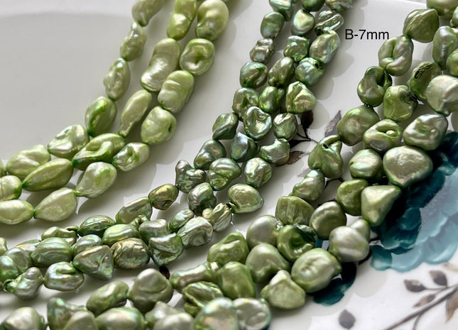 7-9 mm Sage Green Color Keshi Freshwater Pearl Beads Genuine Keshi Rice Nugget Pearl Beads #P2074