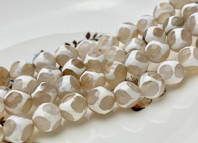 6mm 8mm 10mm 12mm AAA DZI Tibetan Agate Faceted Round Multi White Color Football Agate Gemstone Loose Beads #2381