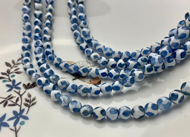 6mm 8mm AAA DZI Tibetan Agate Faceted Round Blue And White Football Tibetan Agate Gemstone Loose Beads #2566