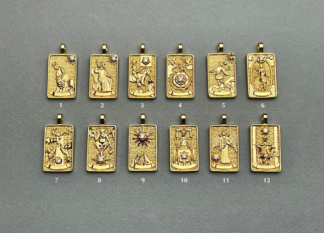 Arcana Tarot Card Charms for Necklace, 18K Gold Filled Charm Pendant With CZ, Antique Charms for Jewelry Making, One Piece #CR0001
