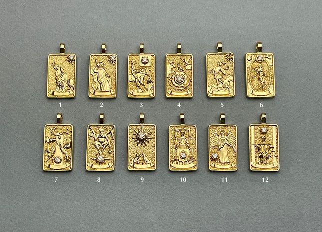 Arcana Tarot Card Charms for Necklace, 18K Gold Filled Charm Pendant With CZ, Antique Charms for Jewelry Making, One Piece #CR0001