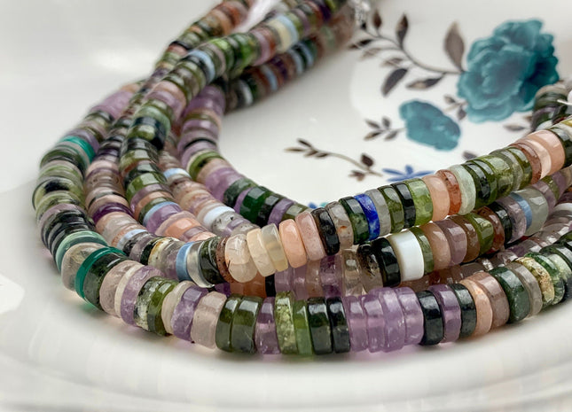 4mm 5mm 6mm 7mm 8mm AAA 100% All Natural Mixed Amethyst Lapis Chalcedony Emerald Green Garnet Black Tourmaline Heishi Beads 8 Inches #3194