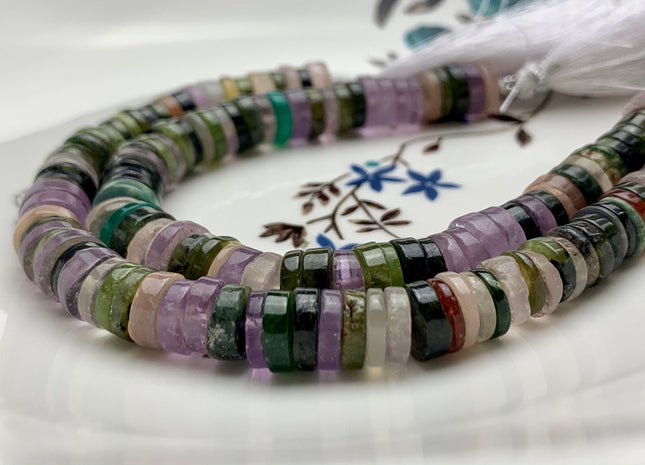 4mm 5mm 6mm 7mm 8mm AAA 100% All Natural Mixed Amethyst Lapis Chalcedony Emerald Green Garnet Black Tourmaline Heishi Beads 8 Inches #3194