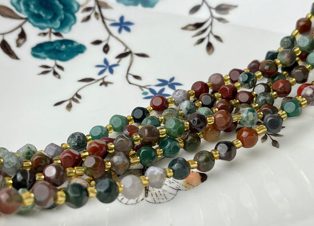 6 mm Faceted Star Cut Indian Agate Gemstone Beads Genuine Faceted Brown Green Agate Gemstone Loose Beads 15 Inches Strand 50 Beads #4188