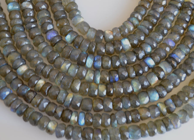 7mm 8-9mm Or 9-10mm AAA Quality Blue Flash Labradorite Beads Natural Dark Gray With Lots Blue Flash Faceted Rondelle Shape 8 inches # 2089