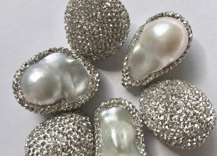 15-20x20-25 mm Baroque Freshwater Pearl Pendent Half Drilled With Pave Gold Rhinestone/Cubic Zirconia Bead 0.7 mm Hole #1001