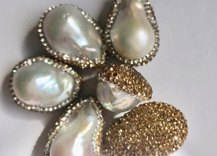 15-20x20-25 mm Baroque Freshwater Pearl Pendent Half Drilled With Pave Gold Rhinestone/Cubic Zirconia Bead 0.7 mm Hole #1001
