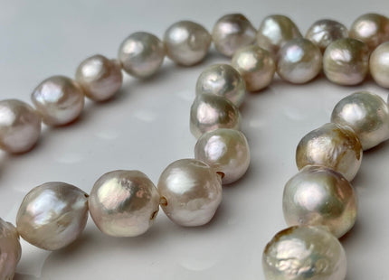 12-14.5 mm AA Half Strand Large Hole Baroque Pearl 2.2 mm Hole Natural White With Pink Champagne Color Baroque Pearl Beads #863
