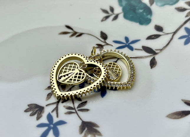 Hanging Heart Charm for Necklace Jewelry Making, 18K Gold Filled Charm Pendant With CZ, Antique Webbed Heart Charms, One Piece #CR0007
