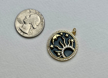 Sun Moon Design Charms for Necklace Jewelry Making, 18K Gold Filled Charm Enamel Colored Medallion Pendant With CZ, One Piece #CR0037