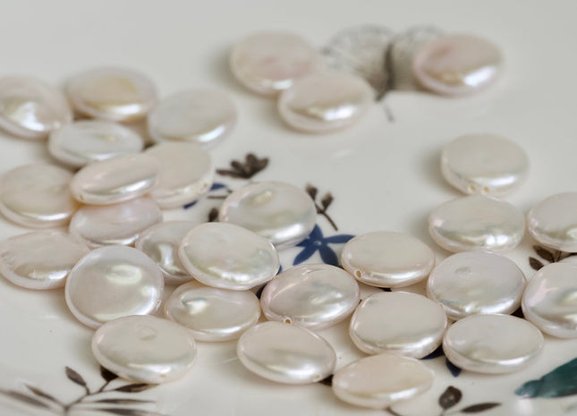 13mm AAAA Natural White Coin Freshwater Pearl Beads Genuine Cultured High Luster Top Quality Freshwater Coin Pearls #735