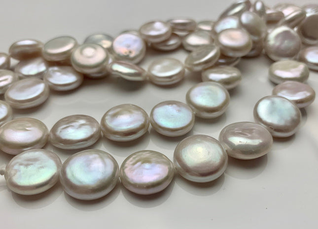 12-14mm AAAAA High Luster Top Quality Natural White Flat Coin Freshwater Pearls Genuine Very Rare Round Coin Pearl 8 Inches 14 Beads #P1109