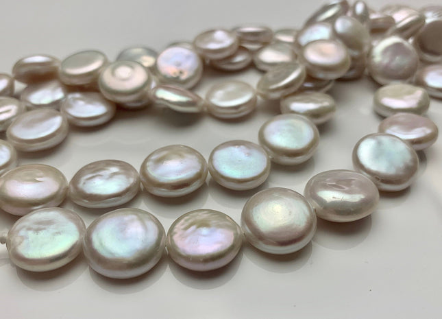 12-14mm AAAAA High Luster Top Quality Natural White Flat Coin Freshwater Pearls Genuine Very Rare Round Coin Pearl 8 Inches 14 Beads #P1109