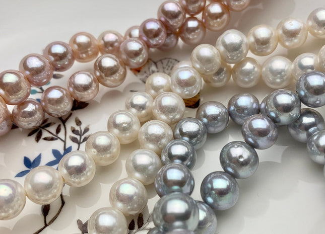10 mm Half Strand Extra Shiny Large Hole Natural White/Pink OR Gray Round Freshwater Pearl 1.5mm 2.2mm Hole High Luster Genuine Pearls #231