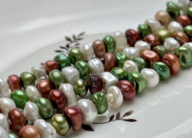 8-10 mm Green Brown Champagne Natural White Keshi Freshwater Pearl Beads Genuine High Luster Center Drilled Rondelle Disc Beads #P1926