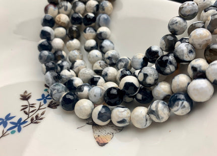 10 mm Faceted Round Fire Agate Gemstone Beads Heat Treated Black White And Gray Color Natural Gemstone Agate 15.5 Inches Strand #2665