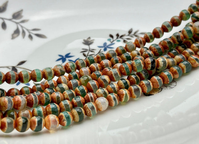 6mm AAA DZI Tibetan Agate Faceted Round Multi Orange Brown And Green Color Agate High Quality Agate Gemstone Loose Beads #4037