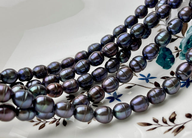 7x8 mm Dark Gray Peacock Rice/Oval Ringed Freshwater Pearl Beads Genuine Peacock Color Oval Rice Freshwater Pearl Beads P2101