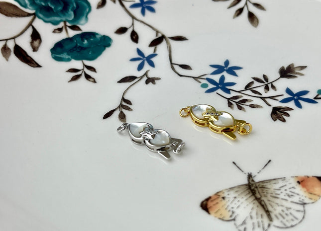 7x15 mm 925 Sterling Silver/Gold Extra Shiny Heart Bowtie Shape Clasp Sterling Silver Findings With CZ Mother Of Pearl Silver Clasps #10290