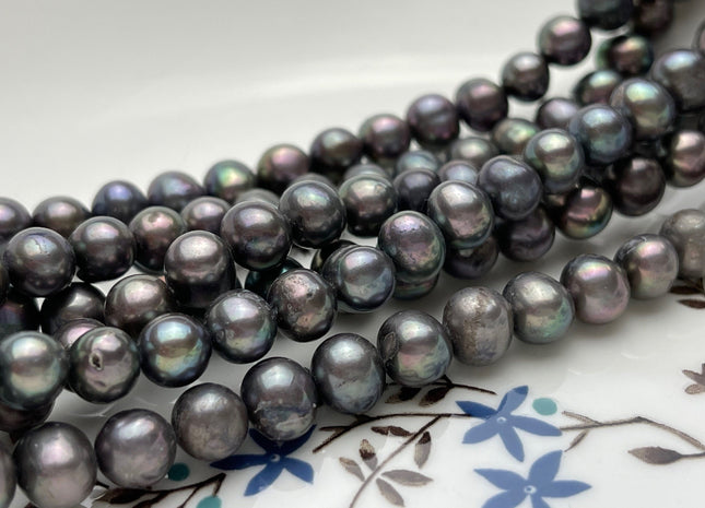 7.5-8mm Dark Gray Peacock Color Potato Freshwater Pearl Beads Genuine Cultured Freshwater Pearl Beads Peacock Potato Pearls 57 Pieces #P1528