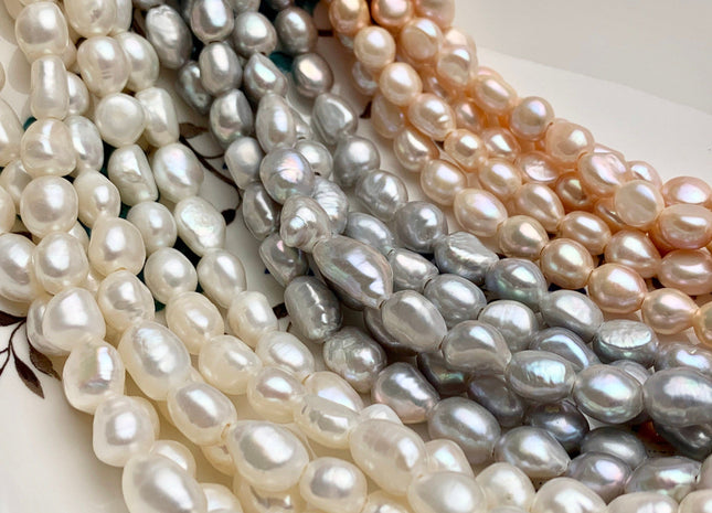 7-8x9-10 mm AA Half / Full Strand Large Hole Rice Nugget Freshwater Pearls 2.0mm Hole Lustrous Large Hole Genuine Nugget Pearl Beads #188