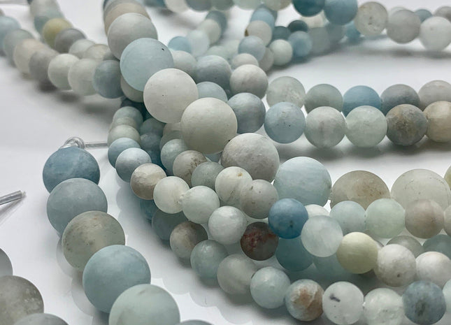 6mm 8mm 10mm Half Strand Large Hole Natural Color Matte Blue Aquamarine Gemstone Beads Hole Size 2.0 mm 8 Inches Strand #3765