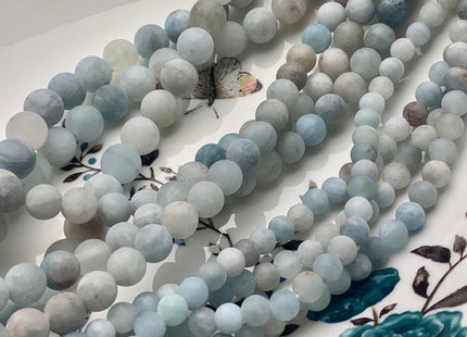6mm 8mm 10mm Half Strand Large Hole Natural Color Matte Blue Aquamarine Gemstone Beads Hole Size 2.0 mm 8 Inches Strand #3765