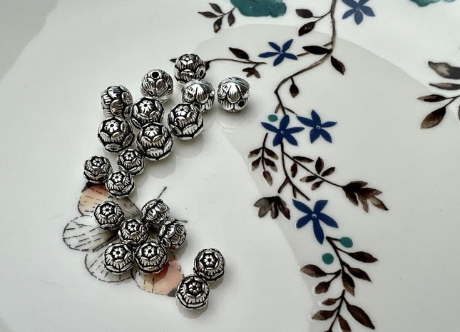 One Piece 6mm 8mm 925 Sterling Silver Tibetan Style Silver Spacer Flower Ball Genuine Sterling Silver Spacer Bali Antique Beads #10276