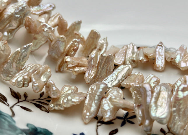 9-12x22-30mm AA Champagne Color Biwa Stick Freshwater Pearl Beads Genuine Cultured Center Drilled Champagne Biwa Pearl Bead 45 Pieces #P1538