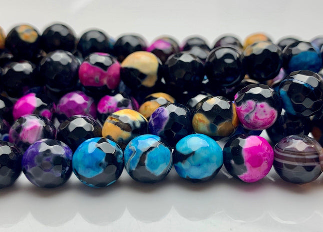 BEST DEAL 10mm 14mmFaceted Round Fire Agate Gemstone Beads Heat Treated Multi Black Pink Yellow Blue Color Agate 15.5 Inches Strand #2881