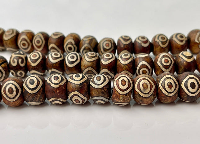 10x14 mm AAA DZI Tibetan Agate Drum Shape Dark Matte Brown Color Eye Agate Gemstone Large 2.0mm Hole Mala Antique Beads 12.5 Inches #4238