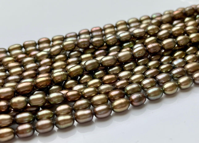 5.5x7 mm AAA Rice/Oval Freshwater Pearls Metallic Tan Color Genuine Freshwater Metallic Tan Rice Pearl Beads 54 Pieces #P1521