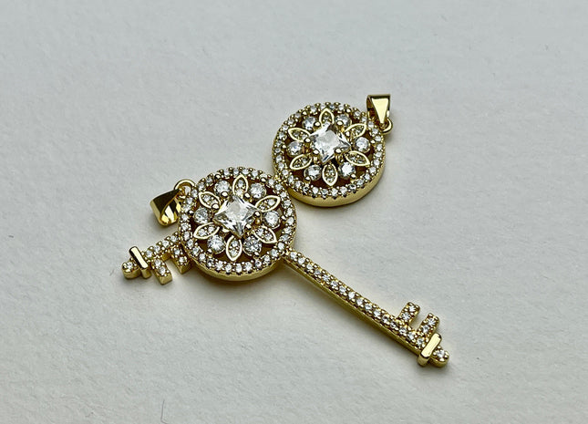 Key Design Charms for Necklace Jewelry Making, 18K Gold Filled Charm Antique Pendant With CZ Crystals, One Piece #CR0019