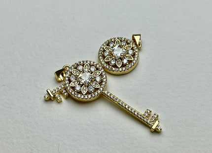 Key Design Charms for Necklace Jewelry Making, 18K Gold Filled Charm Antique Pendant With CZ Crystals, One Piece #CR0019