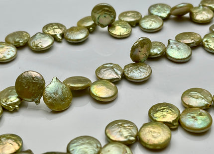 12 mm Lime Green Top Drilled Coin Freshwater Pearl Beads, Flat Coin Freshwater Pearls, Genuine Freshwater Coin Pearl Beads #1158