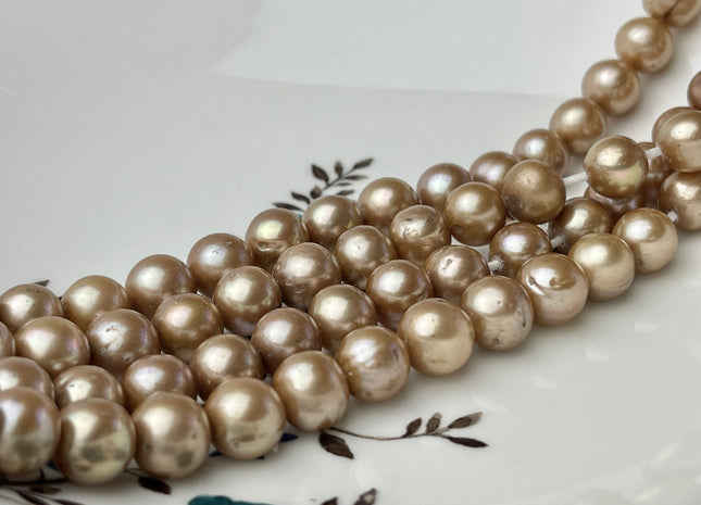 10mm AAA Large Hole Off Round Champagne Beige Freshwater Pearl Beads Hole Size 1.5mm 2.2mm Genuine High Luster Pearls 40 Beads #P2240