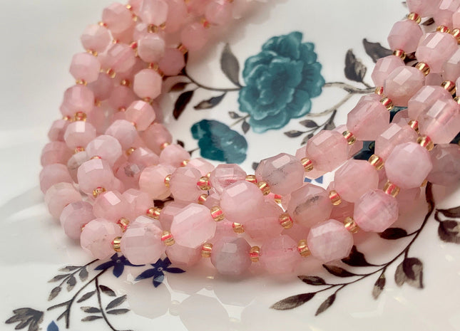 7x8mm Faceted Energy Prism Cut Madagascar Pink Rose Quartz Gemstone Genuine Double Terminated Points Pink Quartz 15.5 Inches 40 Pieces #3644