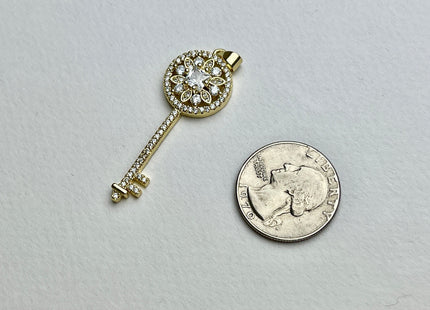 Key Design Charms for Necklace Jewelry Making, 18K Gold Filled Charm Antique Pendant With CZ Crystals, One Piece #CR0019