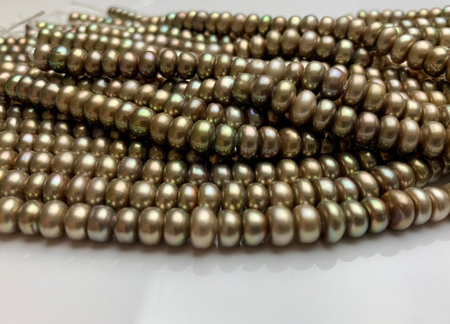 7mm AAA Champagne Green Color Half Strand Large Hole Freshwater Button Potato Pearl Hole Size 1.2mm High Luster Green Color Beads #P1829