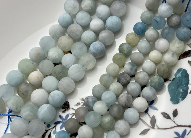 8mm 10mm Natural Color Matte Smooth Round Aquamarine Gemstone Beads High Quality Aquamarine Loose Beads 8 Inches Strand #4017